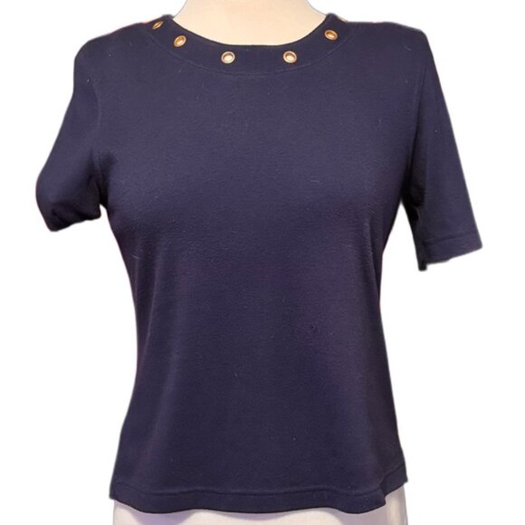 Koret Navy Blue Short Sleeve Knit Top / Sweater Gold Grommets Comfortable Small - Picture 1 of 8